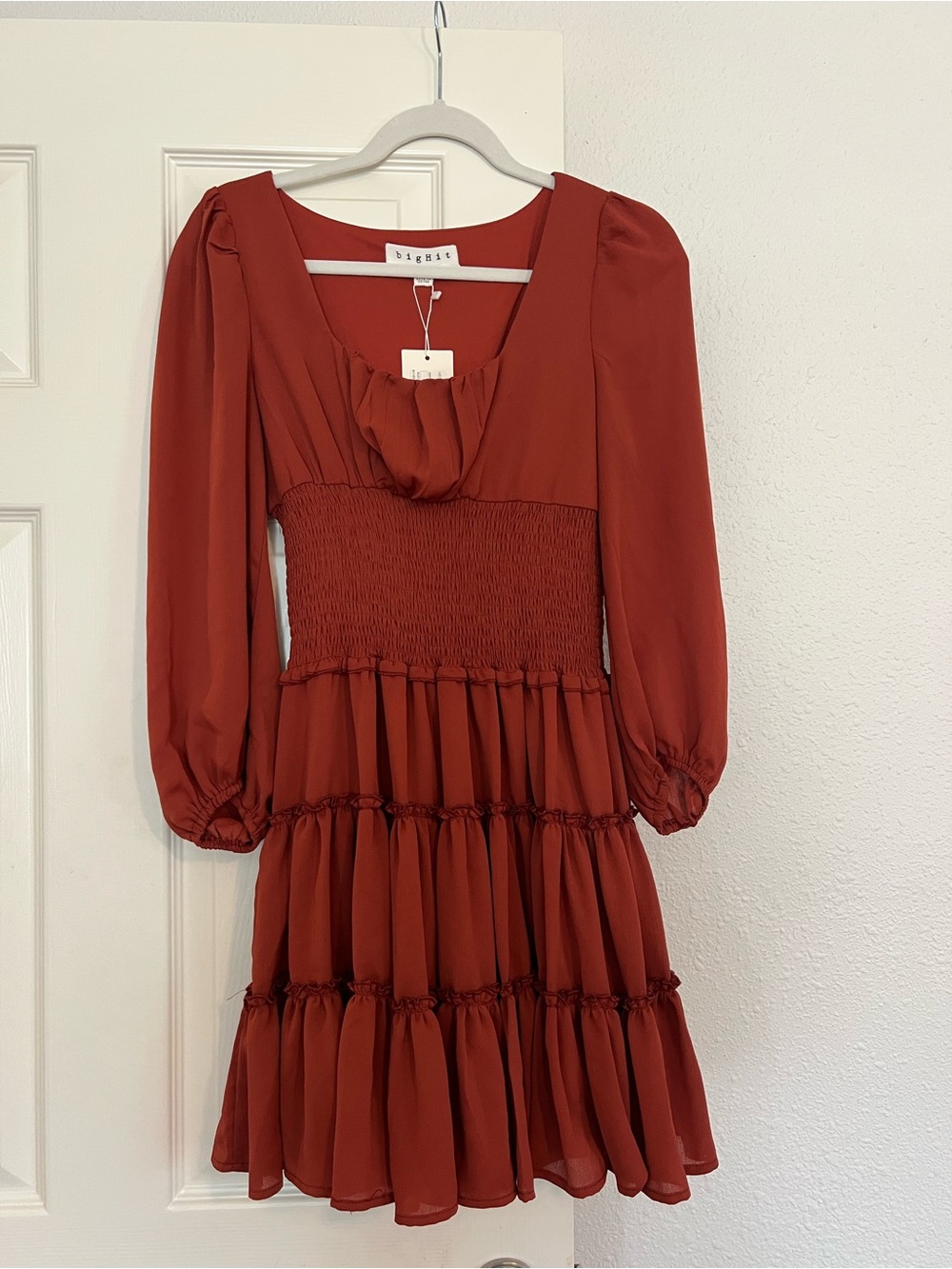A.L.C. Inspired Rust Red Smocked Tiered Long-Sleeve Dress